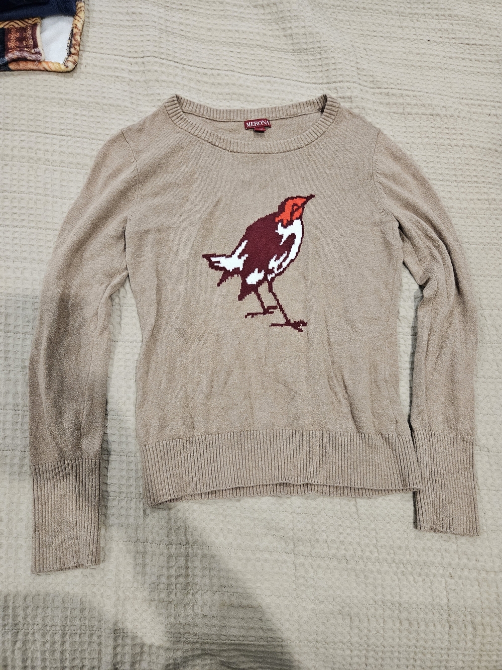 Merona Tan Crewneck Sweater with Bird Motif